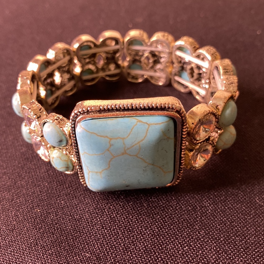 Faux Turquoise & Rhinestone Stretchy Bracelet